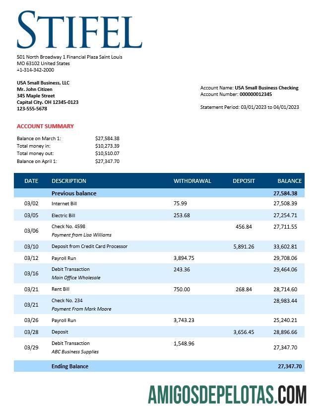 Imprimível Stifel Financial Bank Firm Statement Modelo Word e PDF